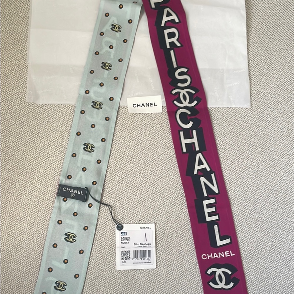 Brand new w/ tags Chanel Silk Twilly Scarf - two tone/designs, Mint and Burgundy